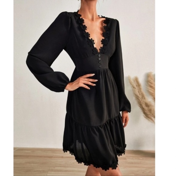 Black Plunging Neck Floral Lace Ruffle Mini Dress Party - Picture 5 of 6